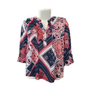 Cocomo Women's Petite Pink/Navy Floral Adj. Sleeve Pleated Pockets Blouse SZ PL